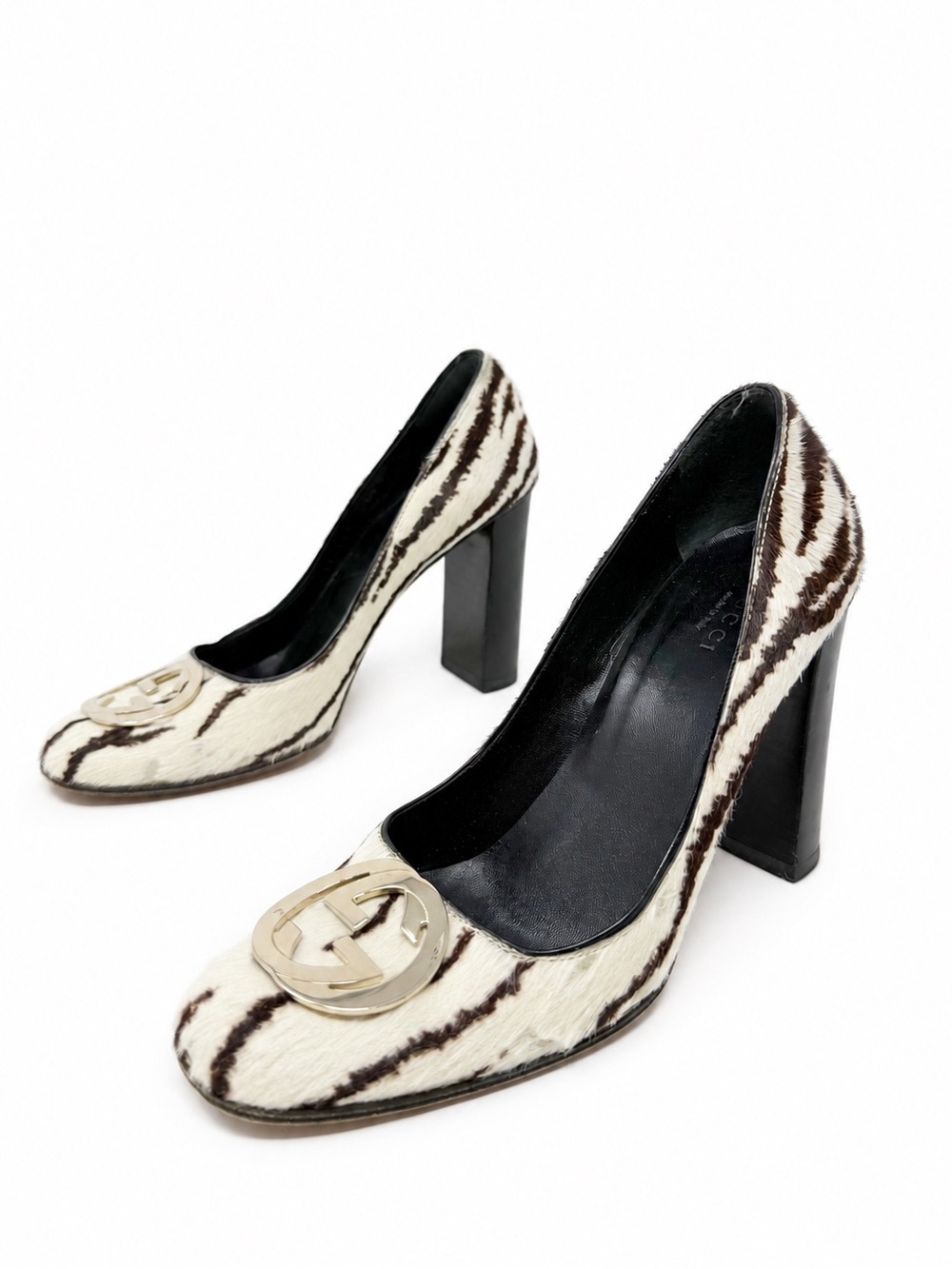 Gucci Zebra Print Pony Hair GG Logo Block Heel Pumps Womens US 6.5